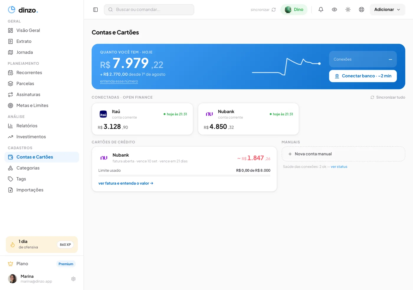 Contas e cartões no Dinzo