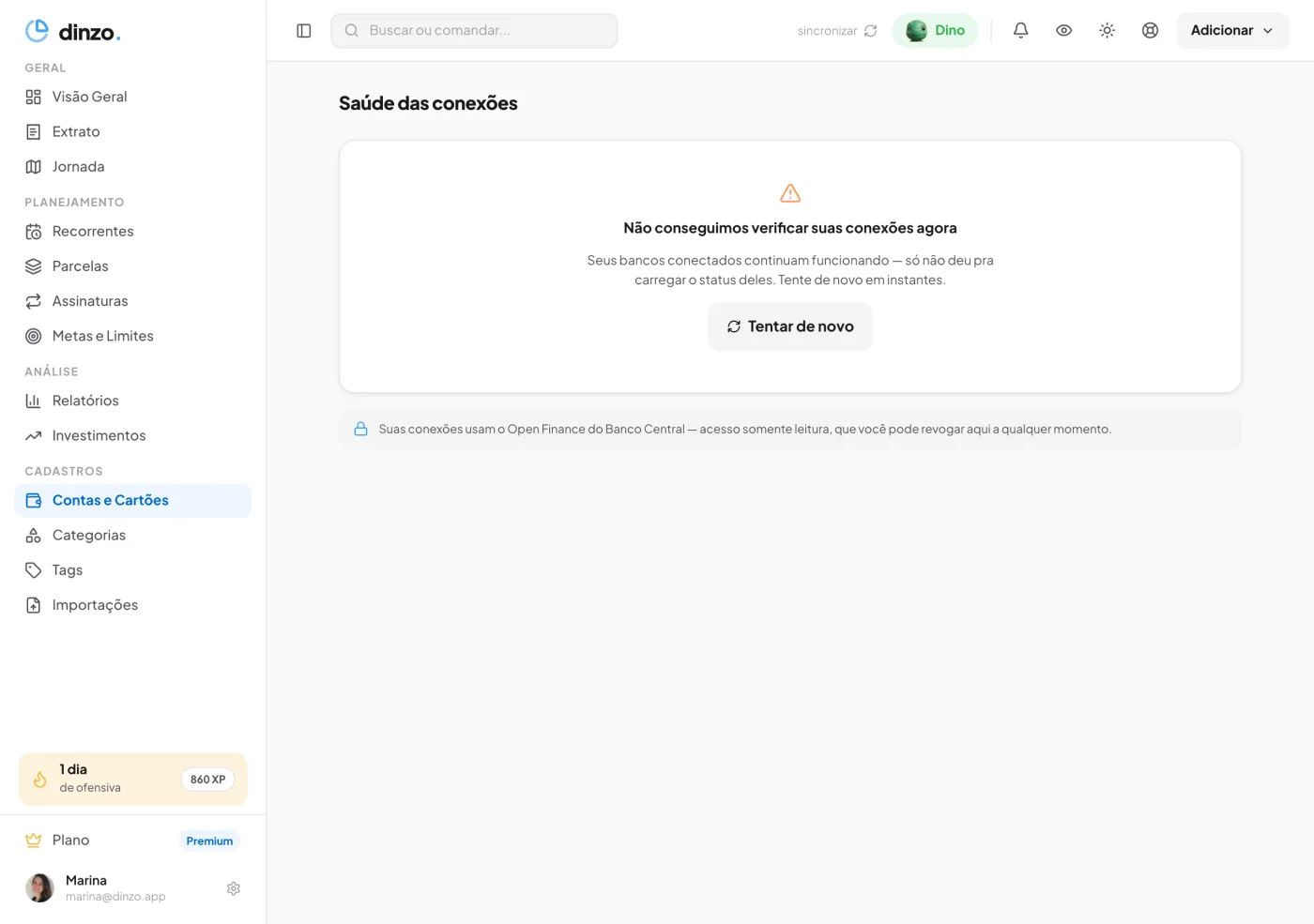 Saúde das conexões bancárias no Dinzo