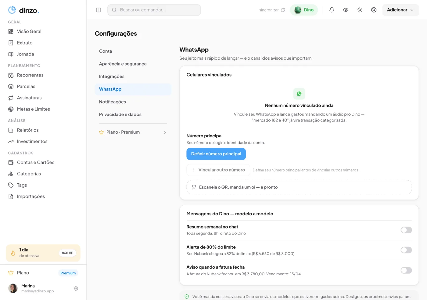 Celulares vinculados nas configurações do Dinzo